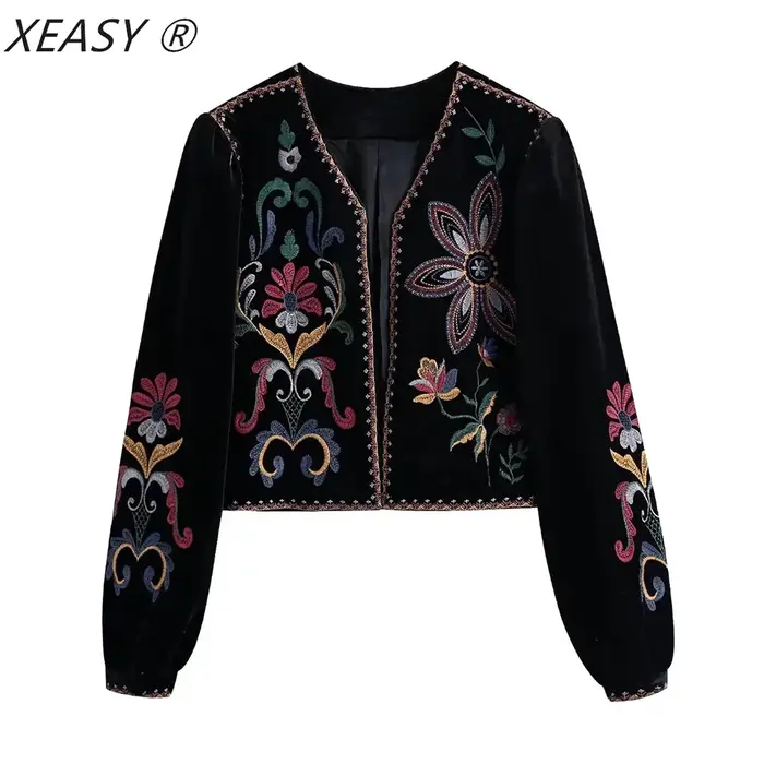 XESAY – veste d'hiver pour femme, manteau brodé, manches longues, col rond, Vintage, point ouvert, d