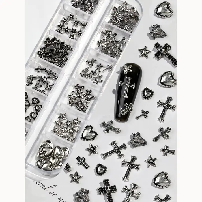 Boîte de 12 grilles Vintage en forme de croix en alliage de Zinc, bijoux pour ongles, fournitures en