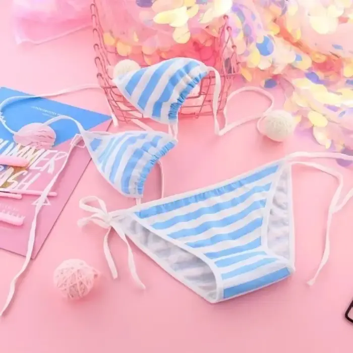 Japonské sexy spodní prádlo Lolita Kawaii, mini bikiny pruhované modré, růžové a bílé, cosplay pro dospělé, podprsenka, spodní prádlo, plavky set Frenum pro ženy