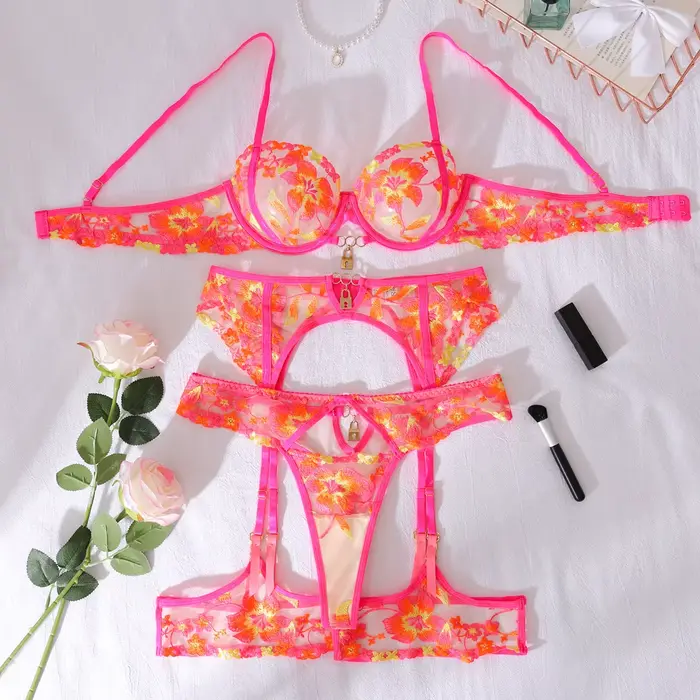 Magnifiques ensembles de lingerie sexy et éclatants à motifs floraux, 3 pièces avec jarretelles et d