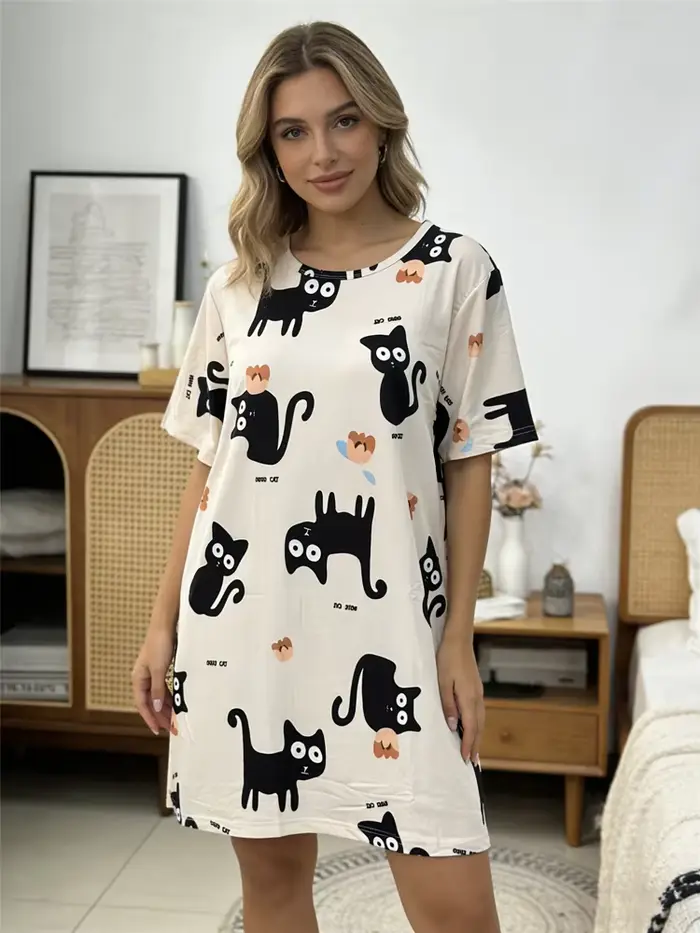 Dámská noční košile, černý kočičí potisk, široká, velká velikost, krátké letní šaty, sexy dámská noční košile, dívčí noční prádlo