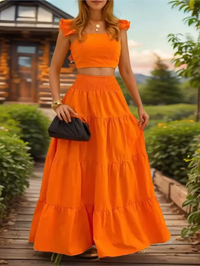 Ensemble de deux pièces en polyester uni pour femmes, style bureau dame, col carré, robe trapèze et haut à bretelles pour l'été, occasions spéciales