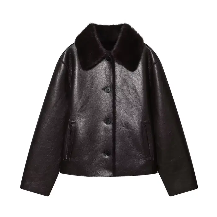 Veste femme 2025 automne/hiver nouveautés marron foncé à manches longues en simili cuir veste révers