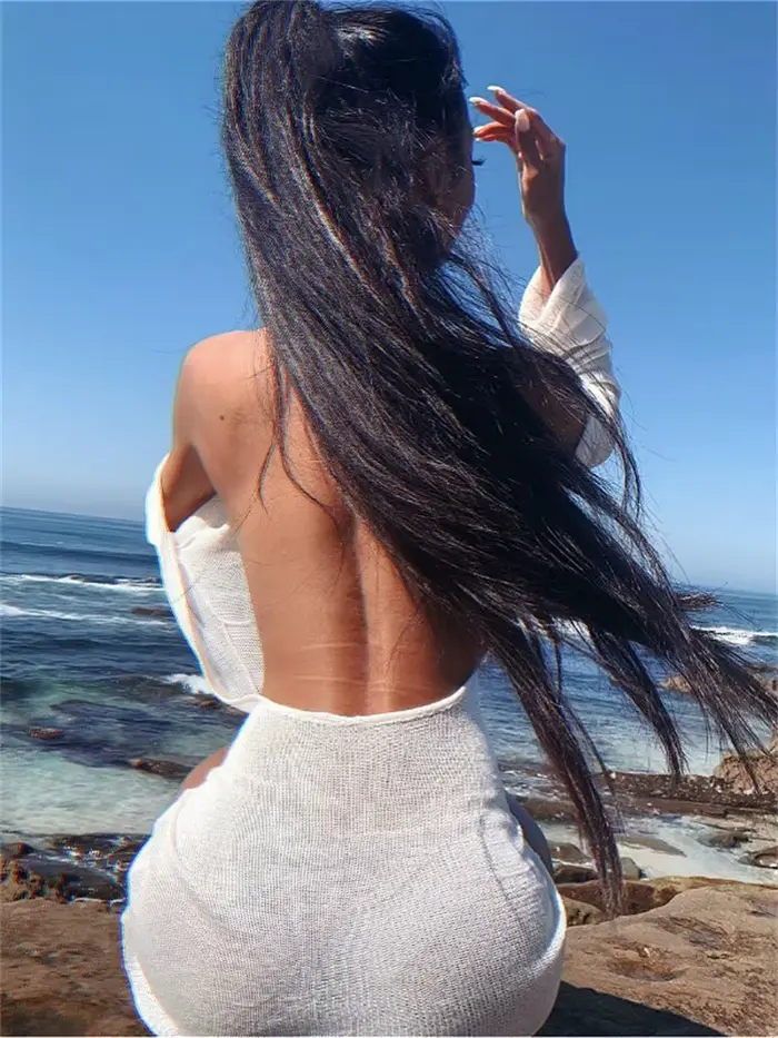 Femmes Sexy robe dos nu été à manches longues couleur unie voir à travers Club plage Mini robe maill