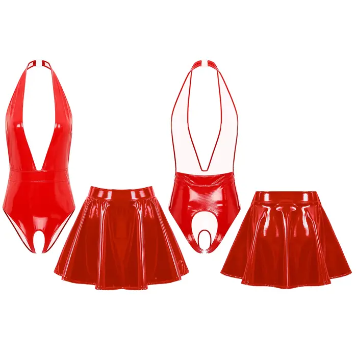 Sissy-Ensemble de lingerie en cuir pour femme, licou, entrejambe ouvert, batterie, mini jupe, vêteme