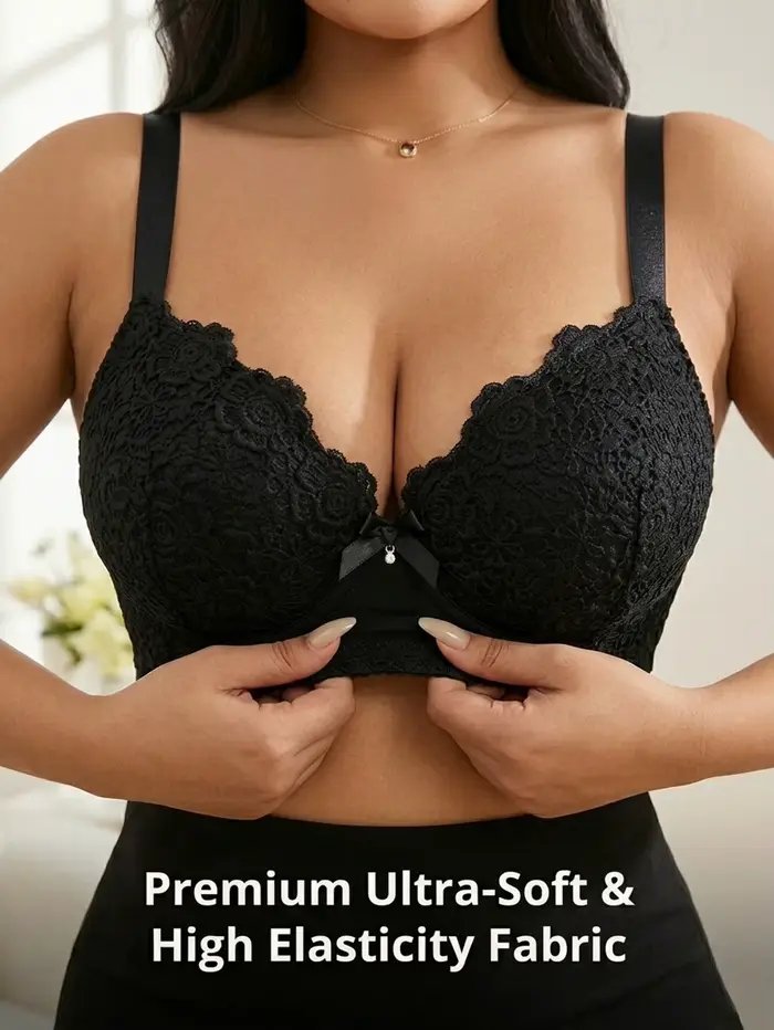 Soutien-gorge push-up élégant en polyester et élasthanne pour femmes aux formes généreuses trois-quarts fleuri avec armatures et bretelles réglables occasions spéciales