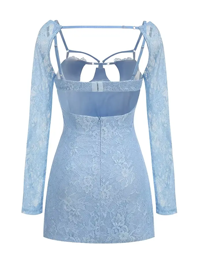 Mini robe dos nu à manches longues pour femmes, dentelle bleue découpée sexy, tambour lourd, robes c