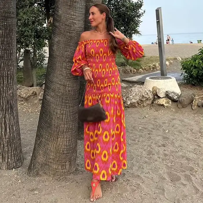 TEELYNN-Robe de plage à manches bouffantes pour femmes, vintage, boho, sexy, décontractée, longue, é