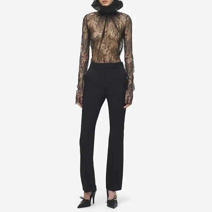 TWOTWINSTYLE Chemise chic en dentelle noire à empiècements pour femme, col rond, manches longues, am