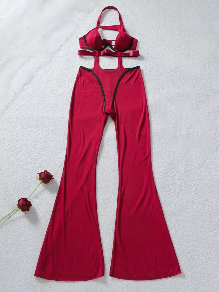 Sada body červené prolamované, sexy sochařské spodní prádlo, elegantní a luxusní design, ideální pro klubové párty a každodenní oblečení.