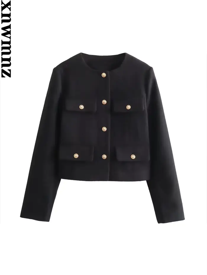 XNWMNZ-Veste courte vintage à col rond pour femme avec poche à rabat, blazer femme polyvalent, manch