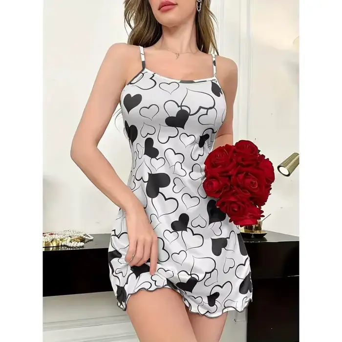 Robe de nuit d'été sexy pour femme, imprimé cœurs, mini-robe à bretelles, vêtement de nuit, nuisette, tenue décontractée
