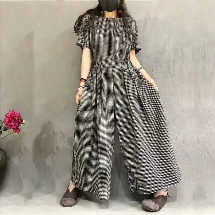 Combinaisons femmes coton lin manches courtes combishorts une pièce tenue femmes à lacets taille hau
