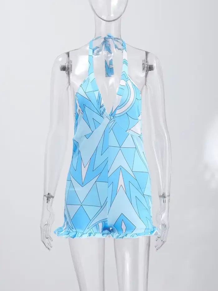 Maillot de bain une pièce pour femme, imprimé géométrique, style body, dos nu, sans manches, avec short, pour les vacances et la plage