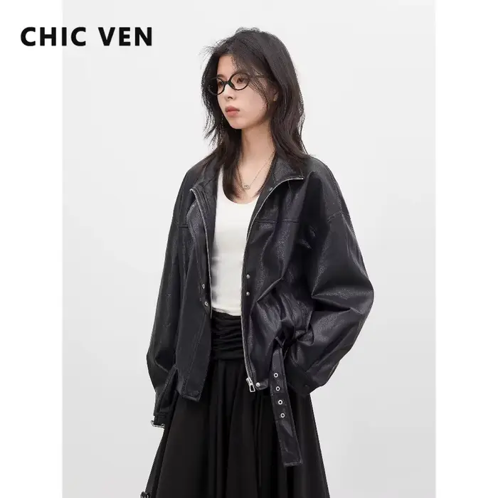 CHIC VEN Nouvelle Veste Courte Femme en PU Style Motard Coupe Ample Col Montant Unie Coupe-Vent Prin