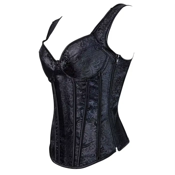 Korzet s ramínko pro ženy, černý, overbust, květinový, Jacquard, zip, horní, gotický, steampunk, bustier, plus velikost