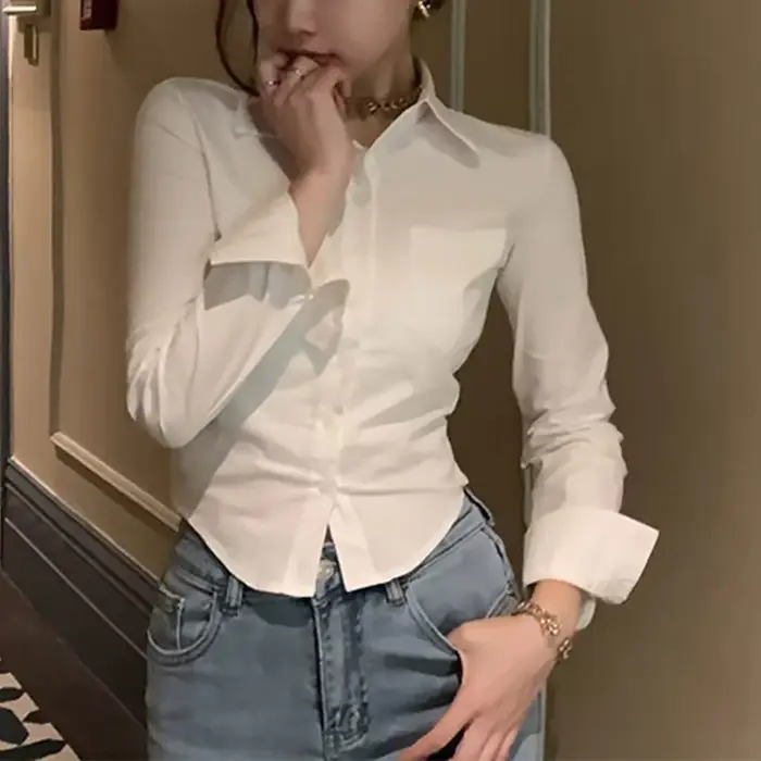 Blouse blanche en polyester avec poches et klopes pour femmes, occasion bureau et promenades printanières
