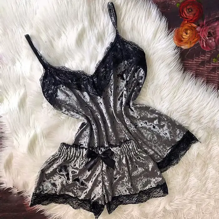 Pyjama d'été en velours pour femmes sexy sans manches avec nœud et garniture en dentelle haut caraco ensemble lingerie pour occasions spéciales nuit de lune de miel soirée lingerie