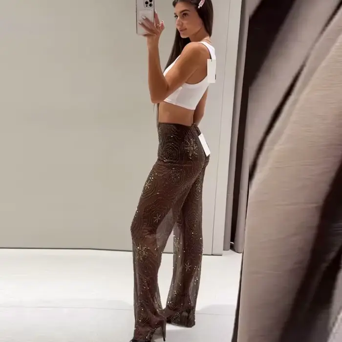 HXAO pantalons pour femmes printemps été 2025 perles marron pantalon paillettes translucides taille 