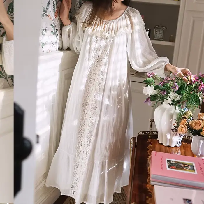 Francouzská pohádková romantická krajková noční košile dámská dlouhá bílá retro palácová Vintage noční košile 100% bavlna noční košile