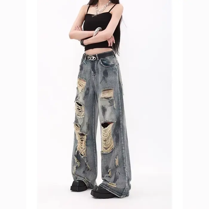 Volné džíny modré roztrhané styl Y2K retro americký vysoký pas trendy pro muže a ženy