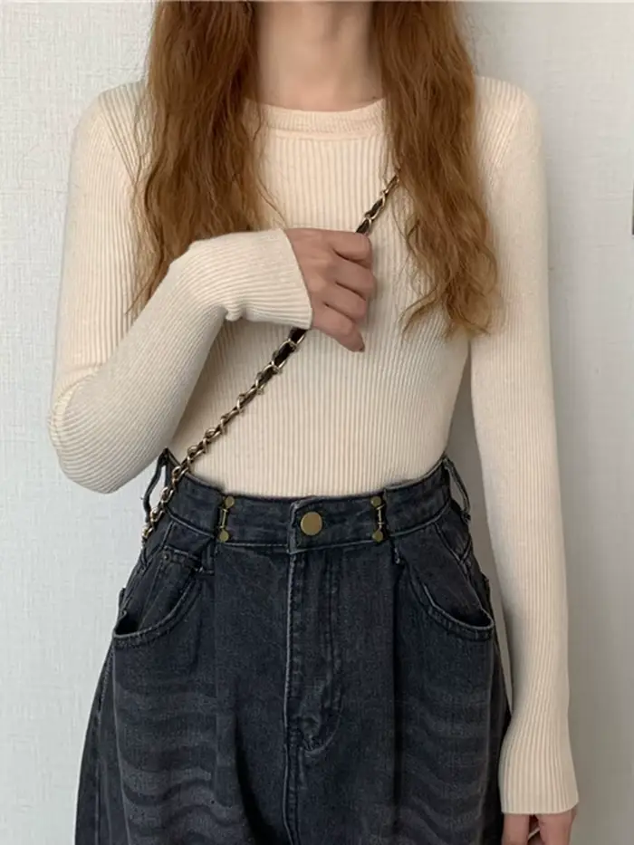 Nouveau Pull Femme 2026 Automne Hiver Manches Longues Col Rond Élastique Tricoté Uni Tendance