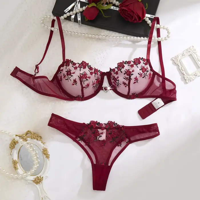 Ensemble de lingerie vintage français brodé de roses rouge vin - soutien-gorge en résille + T-shirt 