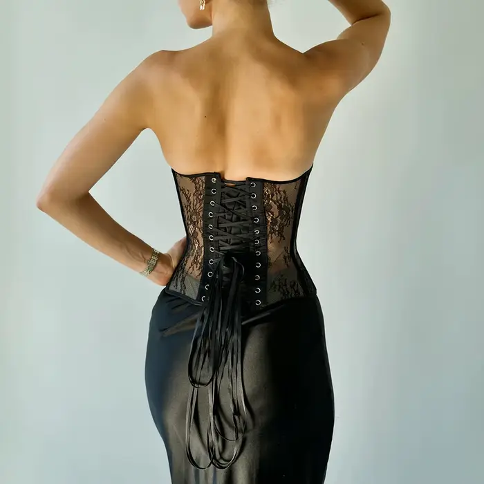 Korset en os d'acier pour femme, soutien-gorge ajouré sans bretelles en dentelle, haut bustier en maille, Lingerie noire et blanche, Corset Biege