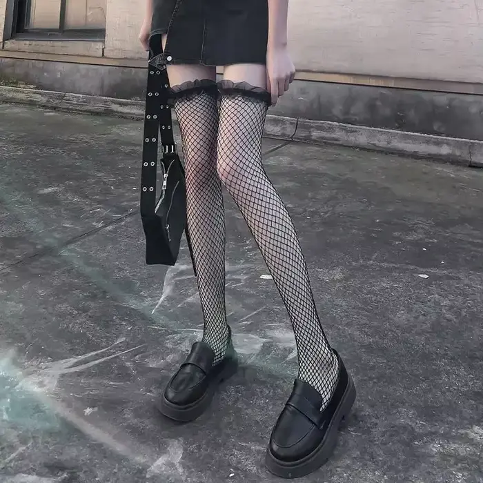 Hollow out punčochy v sexy krajkové síťované pro ženy, vysoké stehno na kolenou, nylonové dlouhé ponožky, Anime Lolita úplet, průhledná gáza