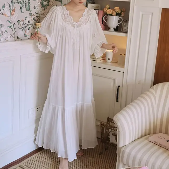 Sexy Francouzský V-Neck Krajka Noční košile, Bílá Noční košile, Vintage Dlouhá noční košile, Krátké rukávy, Bavlna Noční košile, Nikl E Scottsdale, Léto