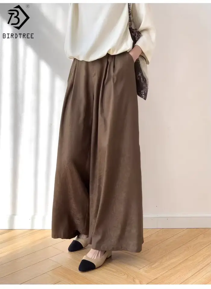 Pantalon en soie véritable 100% Birdtree 28M, pantalon large à taille élastique jacquard pour femme,