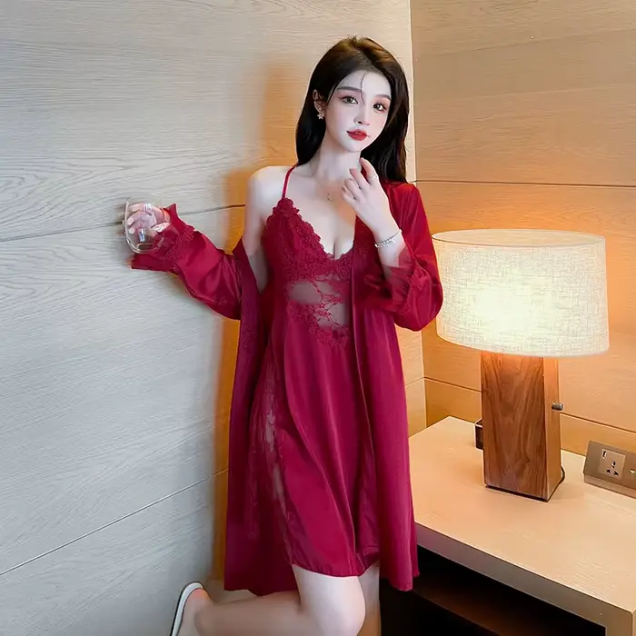 Dámské saténové kimono set, 2 kusy, sexy ležérní noční košile, domácí oblečení, krajka intimní prádlo, župan