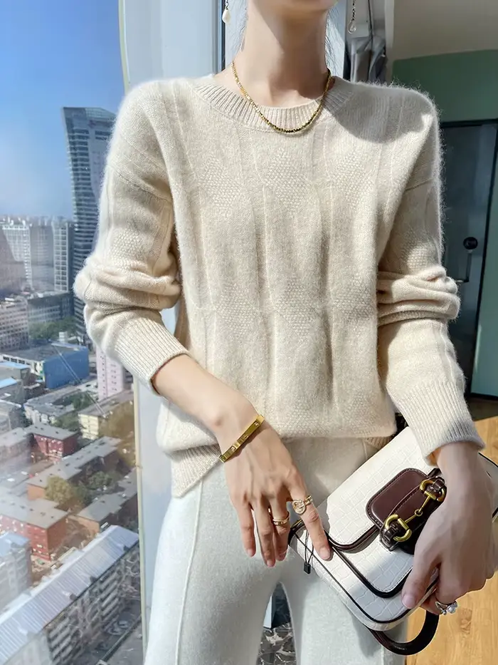 Pull à manches longues et col rond pour femme, 100% laine mérinos, couleur unie, décontracté, confor