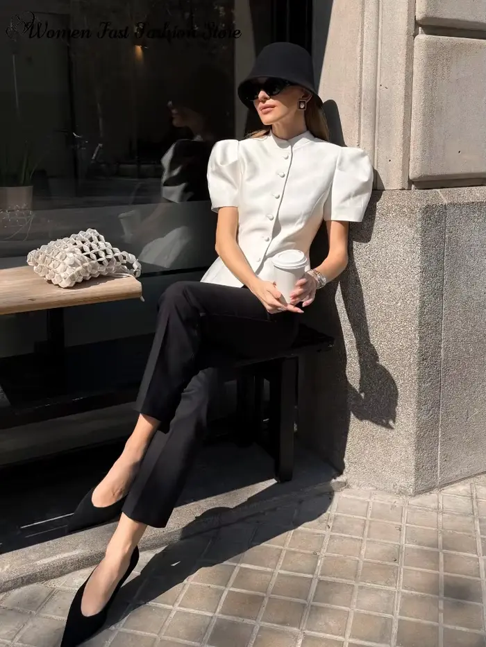 Manteau élégant à manches courtes et simple boutonnage pour femme, débardeurs unis à col rond, Nouve