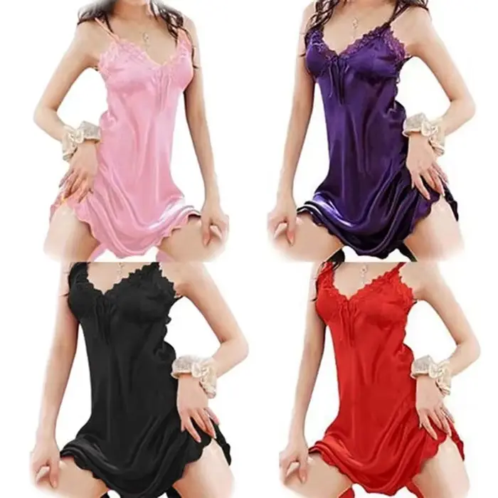 Nové Dámské pruhované dlouhé rameno noční košili, Sexy hedvábné saténové letní noční košili, babydoll, krajka noční košili