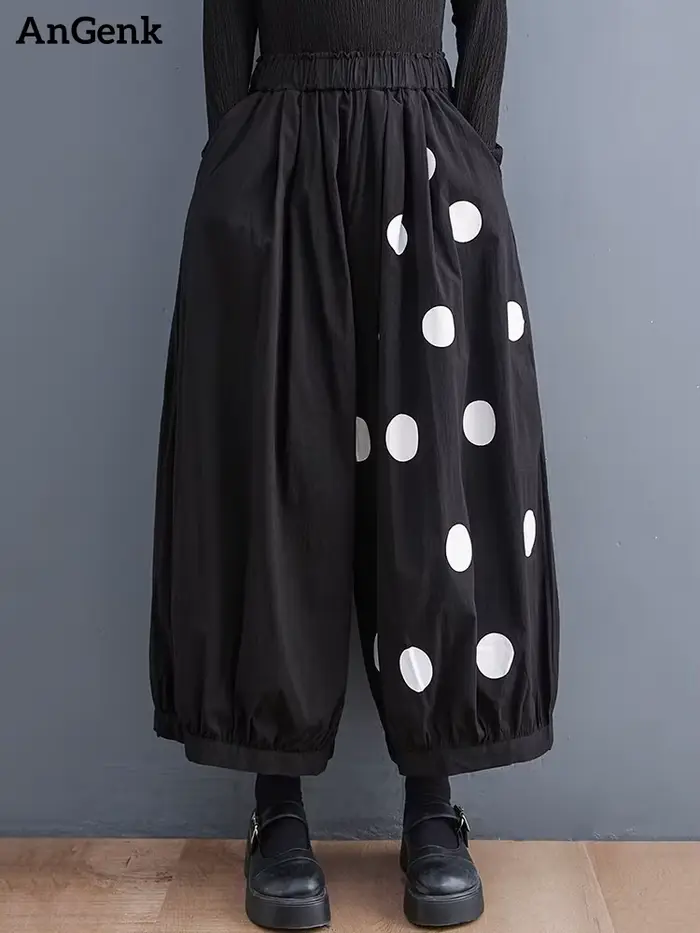 Pantalon large noir vintage à pois taille haute élastique pour femme, nouvelle collection printemps 