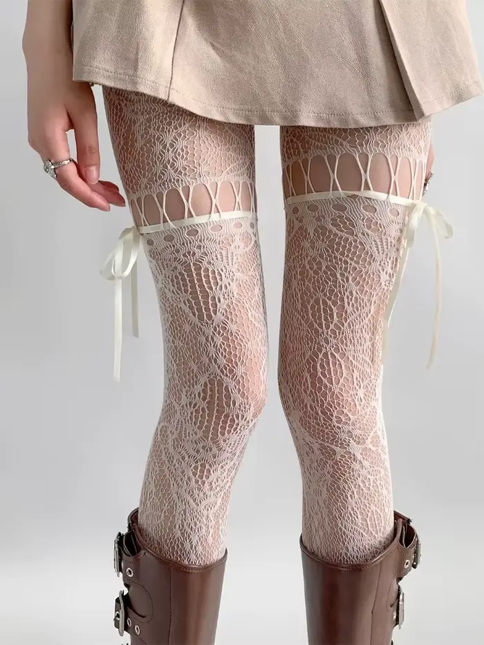 Collants beiges pour femmes, nouveau Design, Sexy, transparent, maille transparente, bas en résille, uniforme JK, sangle avec nœud papillon, bas en dentelle