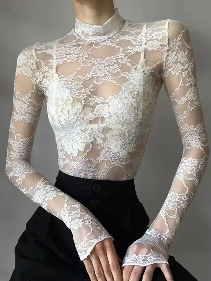 Chemisier Sexy en dentelle pour femmes, chemises d'été à col roulé, manches longues, transparent, Pa