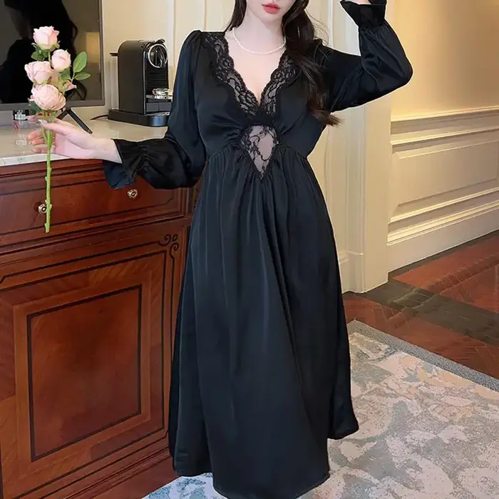 Dlouhá dámská noční košile, francouzský retro styl, princezna noční košile, jarní-letní noční prádlo, rayon volné padnoucí domácí oblečení, ležérní oblečení