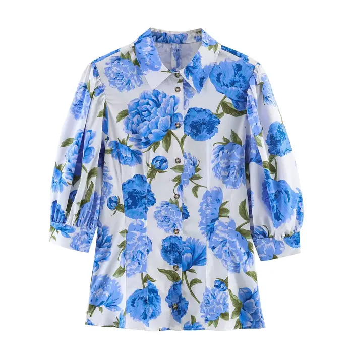 Nouvelle collection printemps - Chemise en popeline à col rabattu et manches bouffantes à imprimé fl