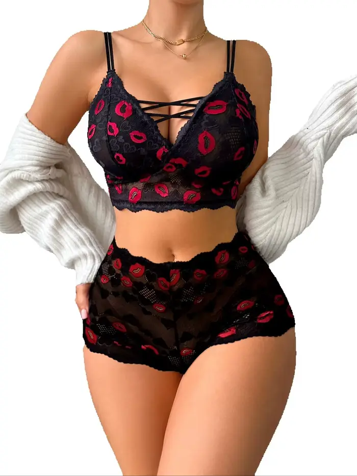 Sexy spodní prádlo set pro ženy s potiskem na rty, prolamované krajkové košilové podprsenky bez podšívky s tenkými šálky bez kostice a průhledné kalhotky