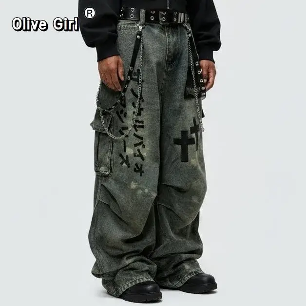 Grande taille crâne croix femmes jean pantalon Denim pantalon américain rétro ambiance jambes larges