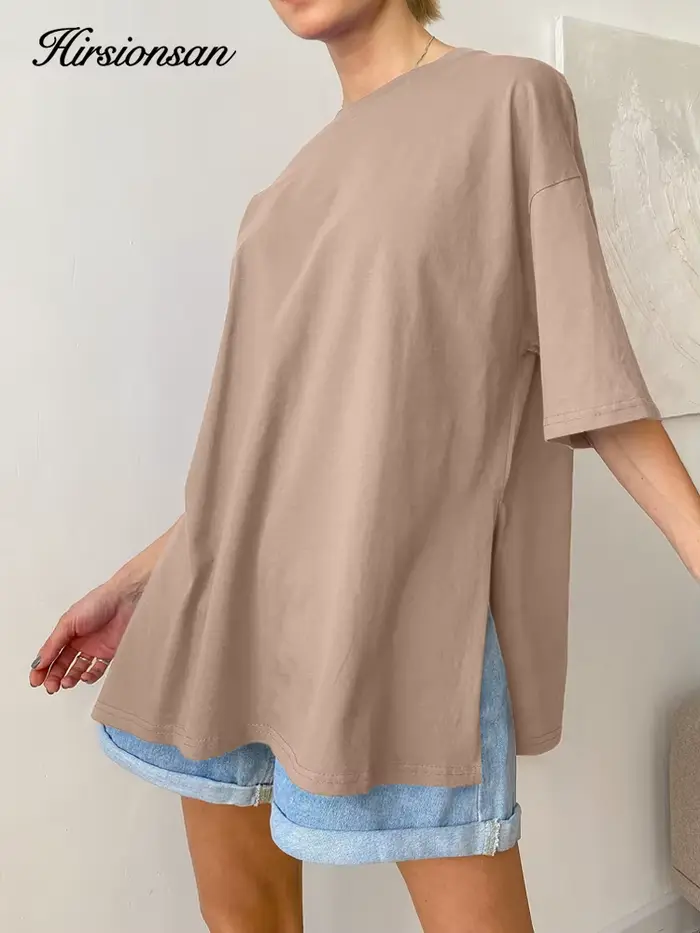 Hirsionsan été surdimensionné coton t-shirt femmes 2023 nouveau ample solide fendu t-shirts décontra