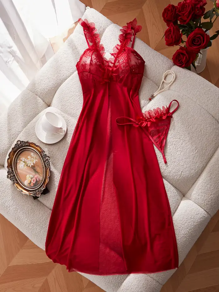 Ensemble de lingerie rouge sexy pour lune de miel, robe de nuit avec string, dentelle, maille, babyd