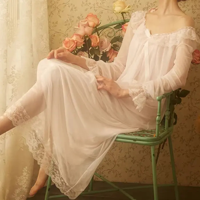 Fairy noční košile pro ženy, princezna noční prádlo, bílá krajka, župan, dlouhé, Lolita, Vintage viktoriánské, Kawaii