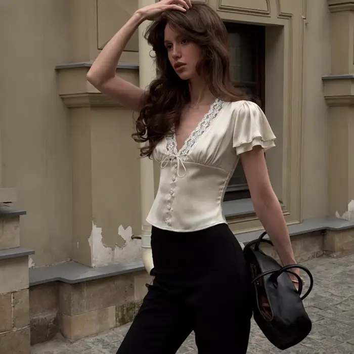 Tuularose Elegantní krajkový T-shirt pro ženy Sexy V-výstřih krajka Patchwork tkaničky krátký top léto móda luxus párty Look