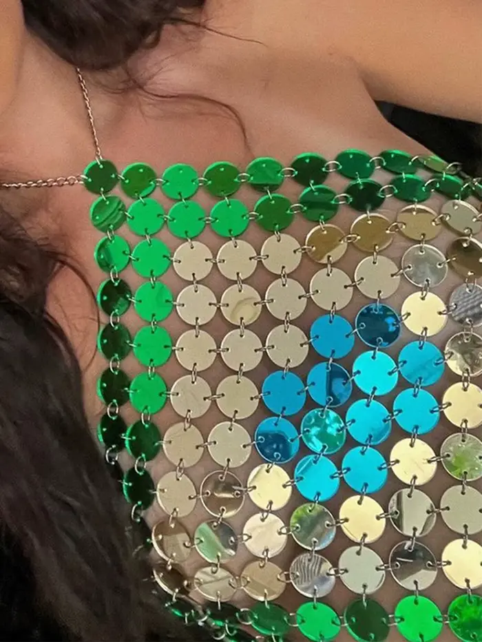 Haut court sexy à sequins métalliques pour femme, collection été 2026, transparent et brillant, idéa
