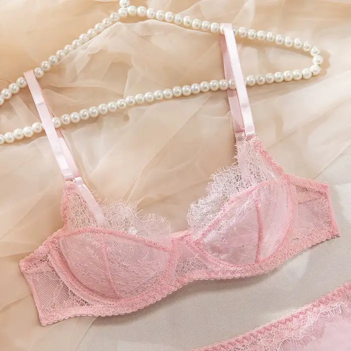 Ensemble de Lingerie Fantaisie Sexy et Élégante 3 Pièces avec Jarretelles, Soutien-Gorge Sissy Couleur Unie, Ensemble de Soutien-Gorge Intime en Dentelle Cils Patchwork