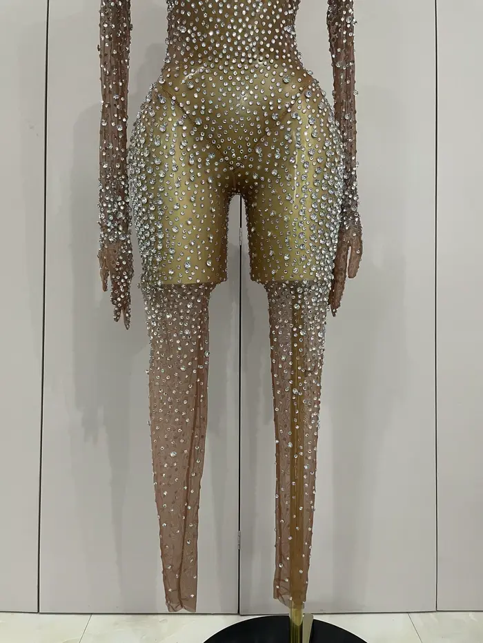 Combinaison de luxe en maille transparente pour femmes, strass scintillants, Sexy, moulante, robe d'