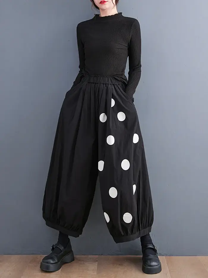 Pantalon large noir vintage à pois taille haute élastique pour femme, nouvelle collection printemps